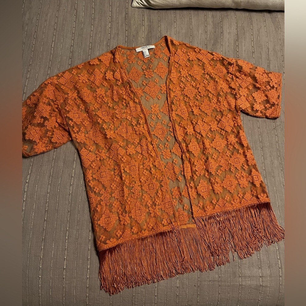 Sheer Fringe short sleeve Kimono with embroidery